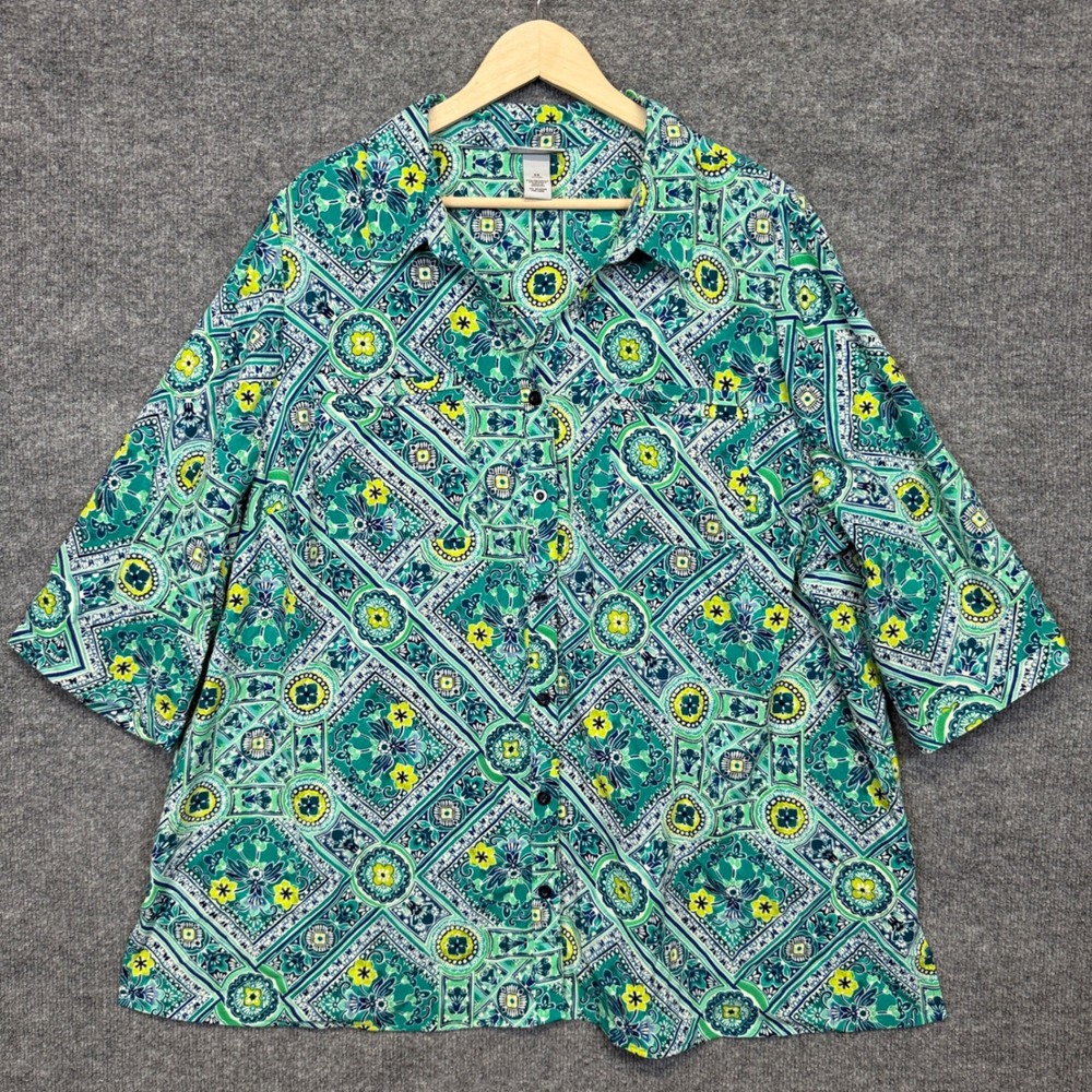 Catherines Plus Size 2X 22/24W Tunic Shirt Green Floral Tile Print Button Front